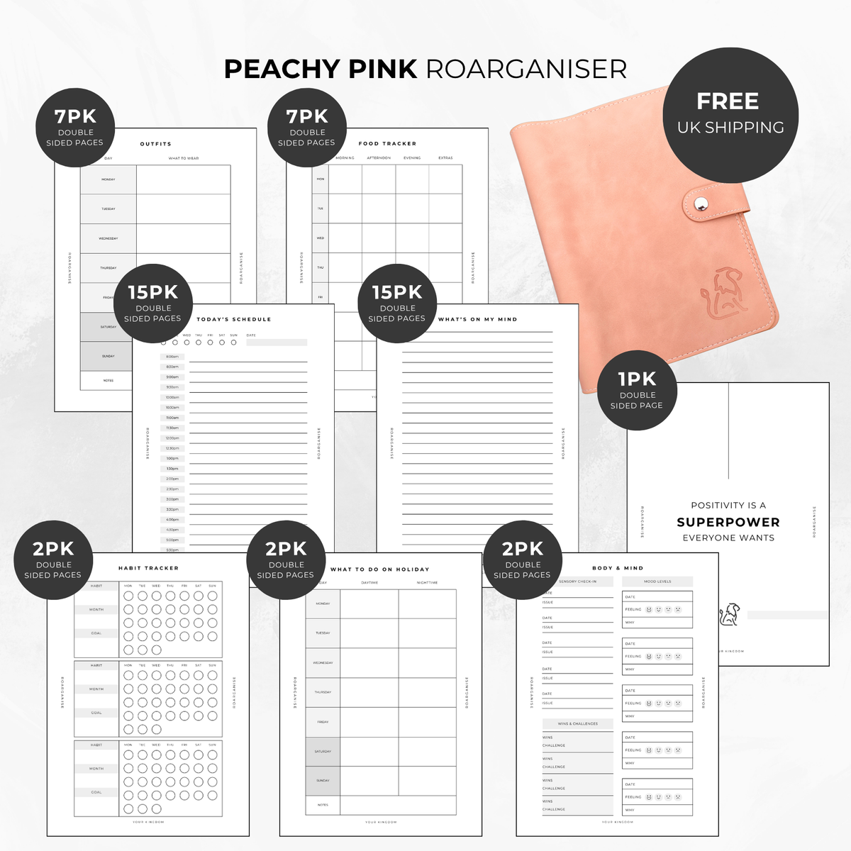 Roarganise Neurodivergent Bundle in Peachy Pink, sensory-friendly A5 planner for ADHD, autism and neurodivergent adults, designed in the UK