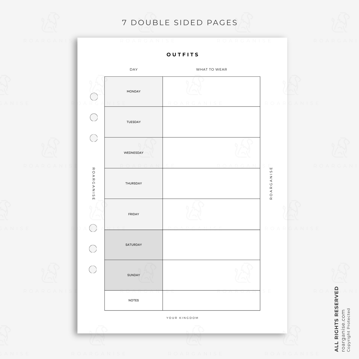 A5 weekly outfit planner insert for planning what to wear each day, organising outfits and reducing daily decision-making