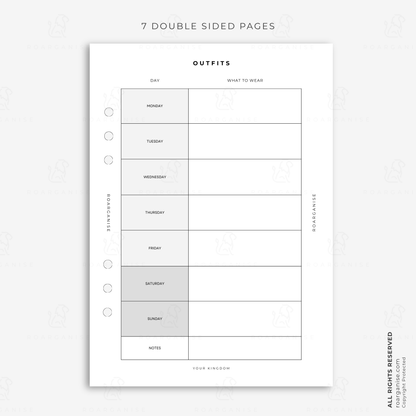A5 weekly outfit planner insert for planning what to wear each day, organising outfits and reducing daily decision-making