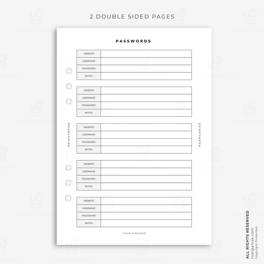 A5 password organiser planner insert for recording websites, usernames, passwords and notes in a compact modular organisation planner