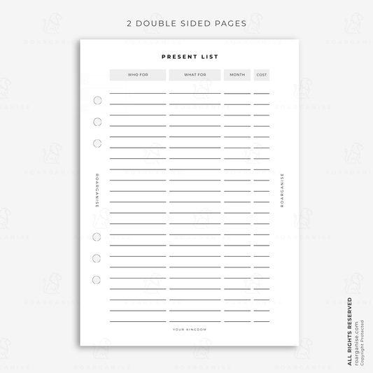A5 present list planner insert for organising gifts, recipients, occasions, months and spending, ideal for Christmas, birthdays and gift planning