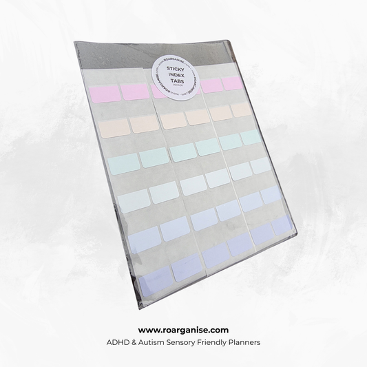 A 36-pack of Roorganise sticky index tabs in calming pastel colours including pink, cream, mint, and lavender. This sensory-friendly stationery set is designed for ADHD and Autism planners to help with organisation without visual overwhelm.