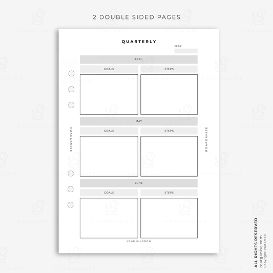 A5 quarterly planner insert for setting goals and planning actionable steps across three months, designed for goal setting and long-term organisation