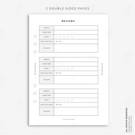 A5 reviews tracker planner insert for recording products, where they were purchased, ratings, repeat purchase decisions and personal thoughts