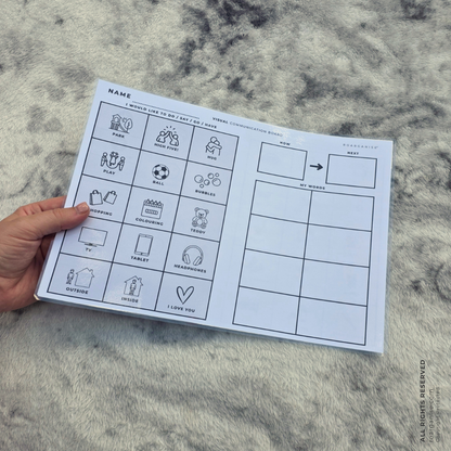 Reusable autism communication board for home, school and therapy, helping children communicate using visual supports and symbols.