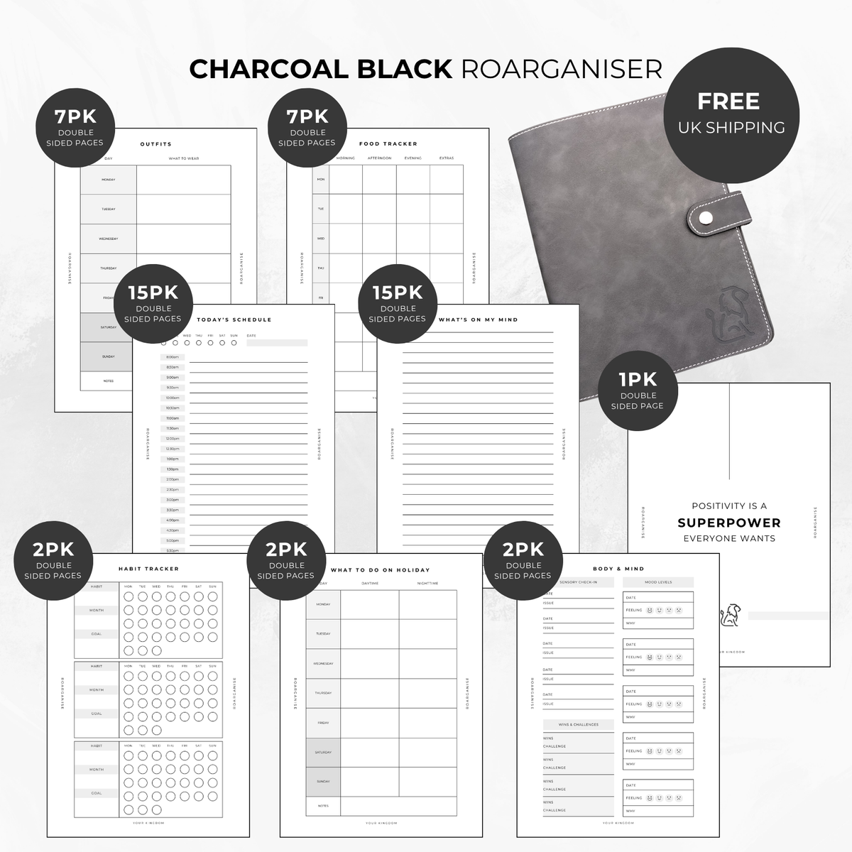 Roarganise Neurodivergent Bundle in Charcoal Black, sensory-friendly A5 planner for autistic adults, ADHD and executive dysfunction, designed in the UK