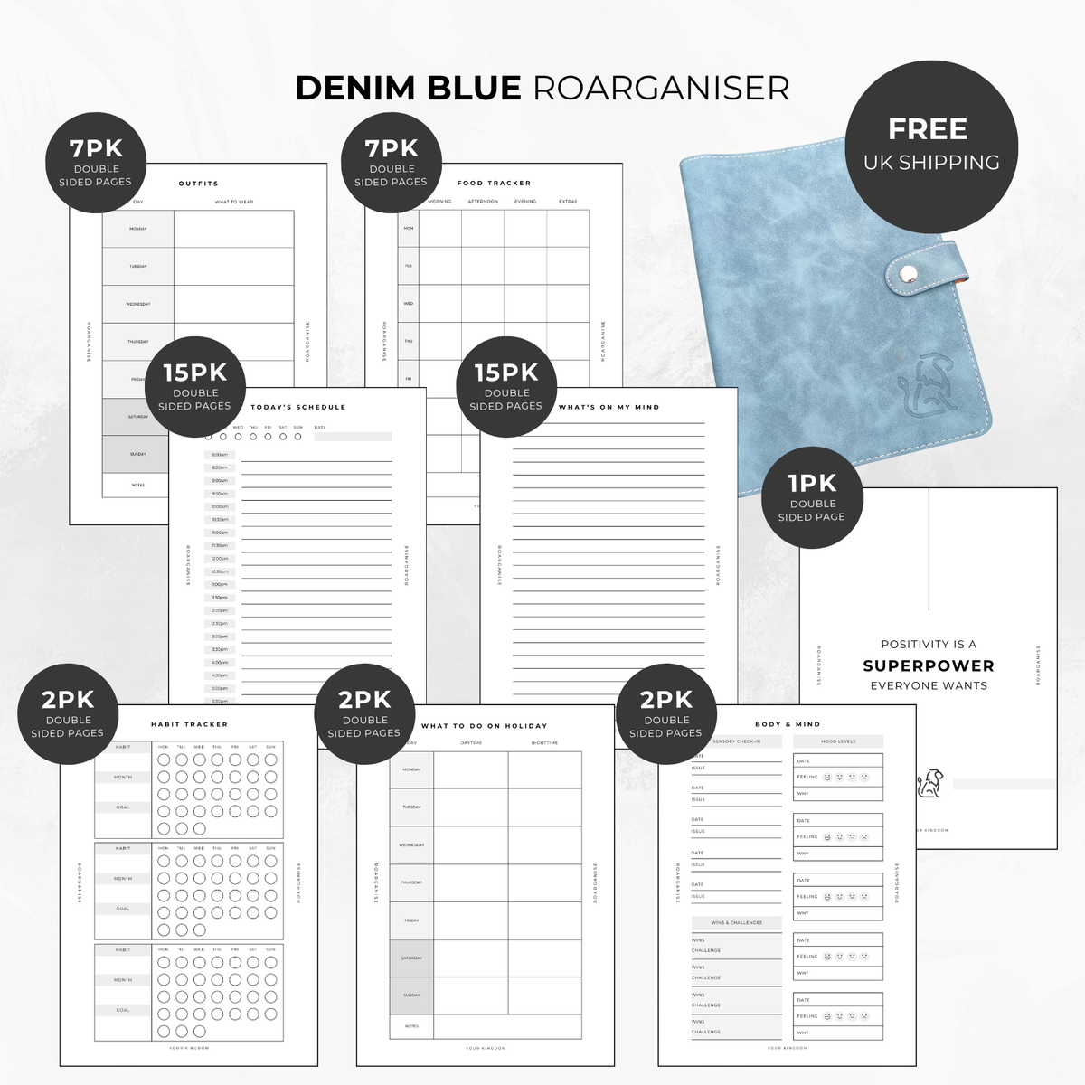 Roarganise Neurodivergent Bundle in Denim Blue, sensory-friendly A5 planner for autism, ADHD and executive dysfunction, designed by an autistic UK business owner
