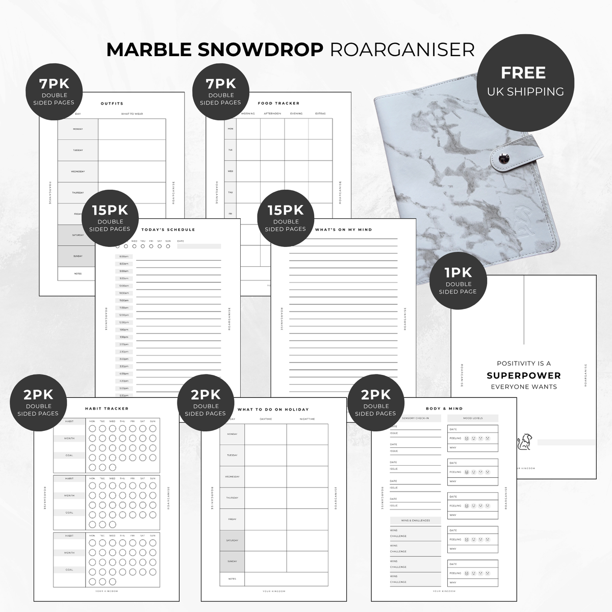 Roarganise Neurodivergent Bundle in Marble Snowdrop, sensory-friendly A5 planner for autism, ADHD, executive dysfunction and neurodivergent organisation, UK designed