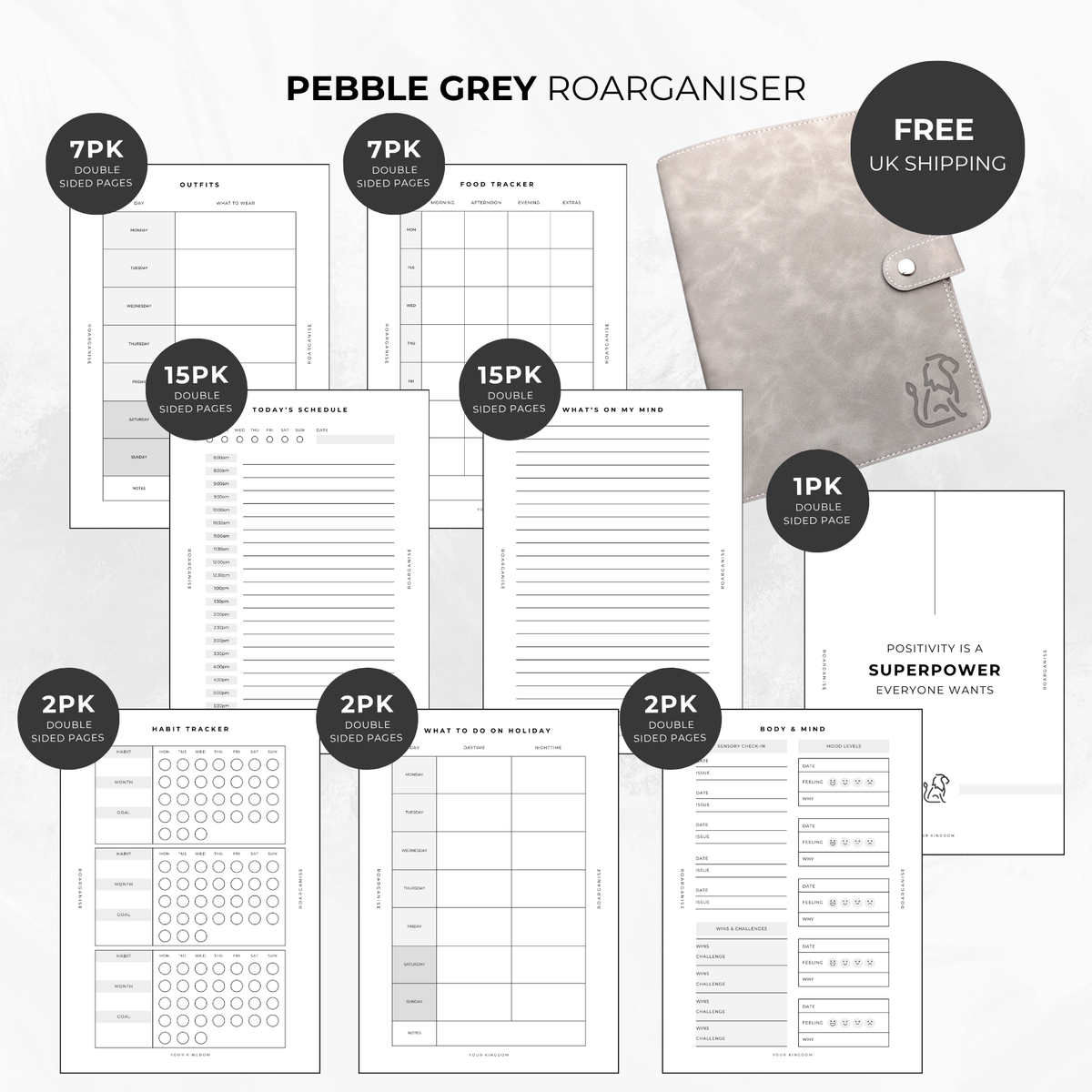 Roarganise Neurodivergent Bundle in Pebble Grey, sensory-friendly A5 planner for ADHD, autism and neurodivergent adults, designed in the UK