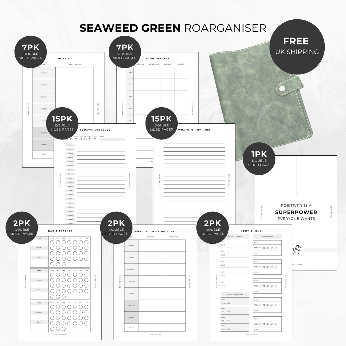 Roarganise Neurodivergent Bundle in Seaweed Green, sensory-friendly A5 autism and ADHD planner with organisation inserts, made by a UK autistic business