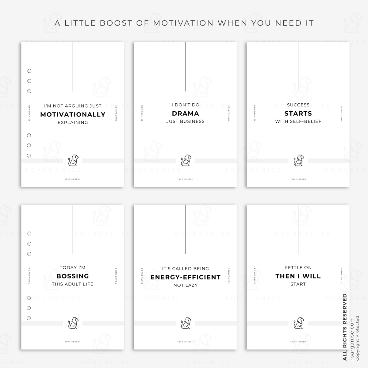 Roarganise motivational Breaker inserts for A5 planners, featuring encouraging reminders to pause, reset and support everyday wellbeing.