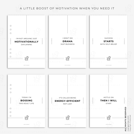 Roarganise motivational Breaker inserts for A5 planners, featuring encouraging reminders to pause, reset and support everyday wellbeing.