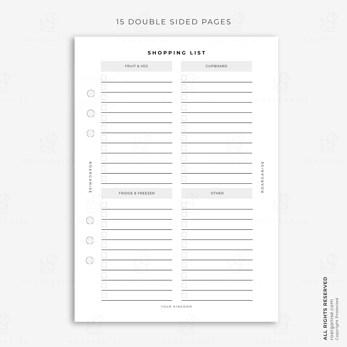 A5 shopping list planner insert with sections for fruit and vegetables, cupboard, fridge and freezer and other items for organised grocery planning