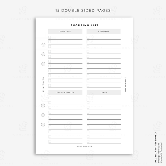 A5 shopping list planner insert with sections for fruit and vegetables, cupboard, fridge and freezer and other items for organised grocery planning