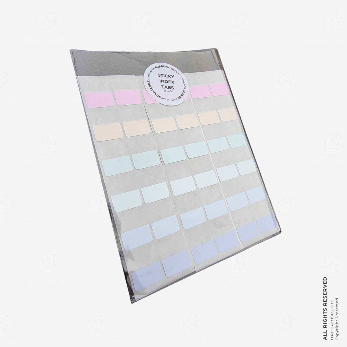 Roarganise 36-pack pastel sticky index tabs for marking planner pages, organising sections and highlighting important notes.