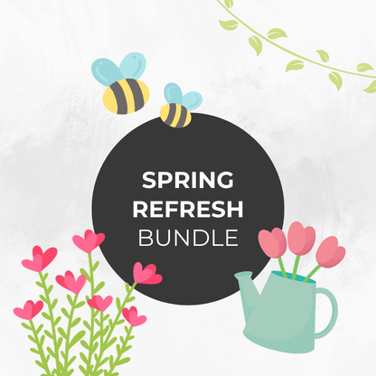 Spring Refresh Bundle for Roorganiser featuring a teal watering can with pink tulips, buzzing bees, and floral illustrations.