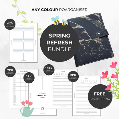 Midnight Flame black and gold marble Roarganiser binder featuring the complete Spring Refresh insert collection.