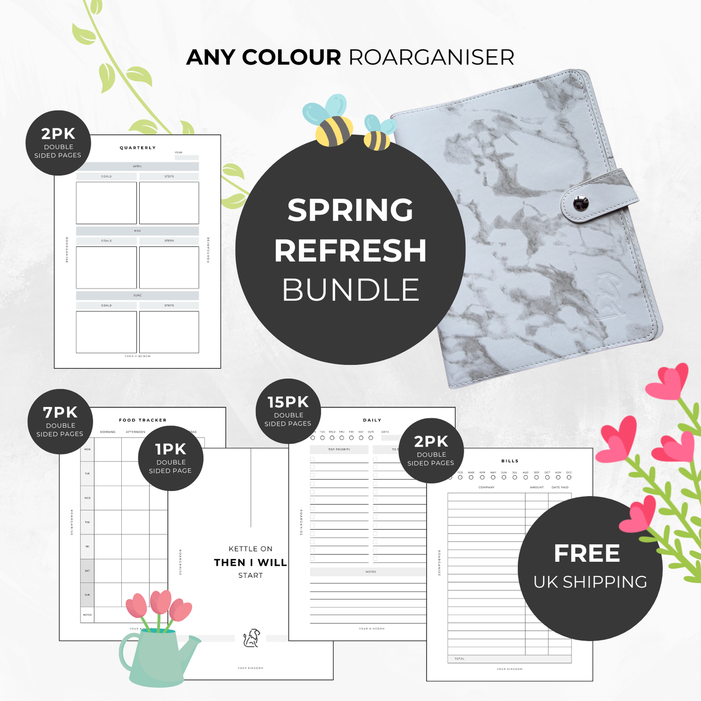 Snowdrop white and grey marble Roarganiser binder displayed with 29 double-sided planning and tracking pages.