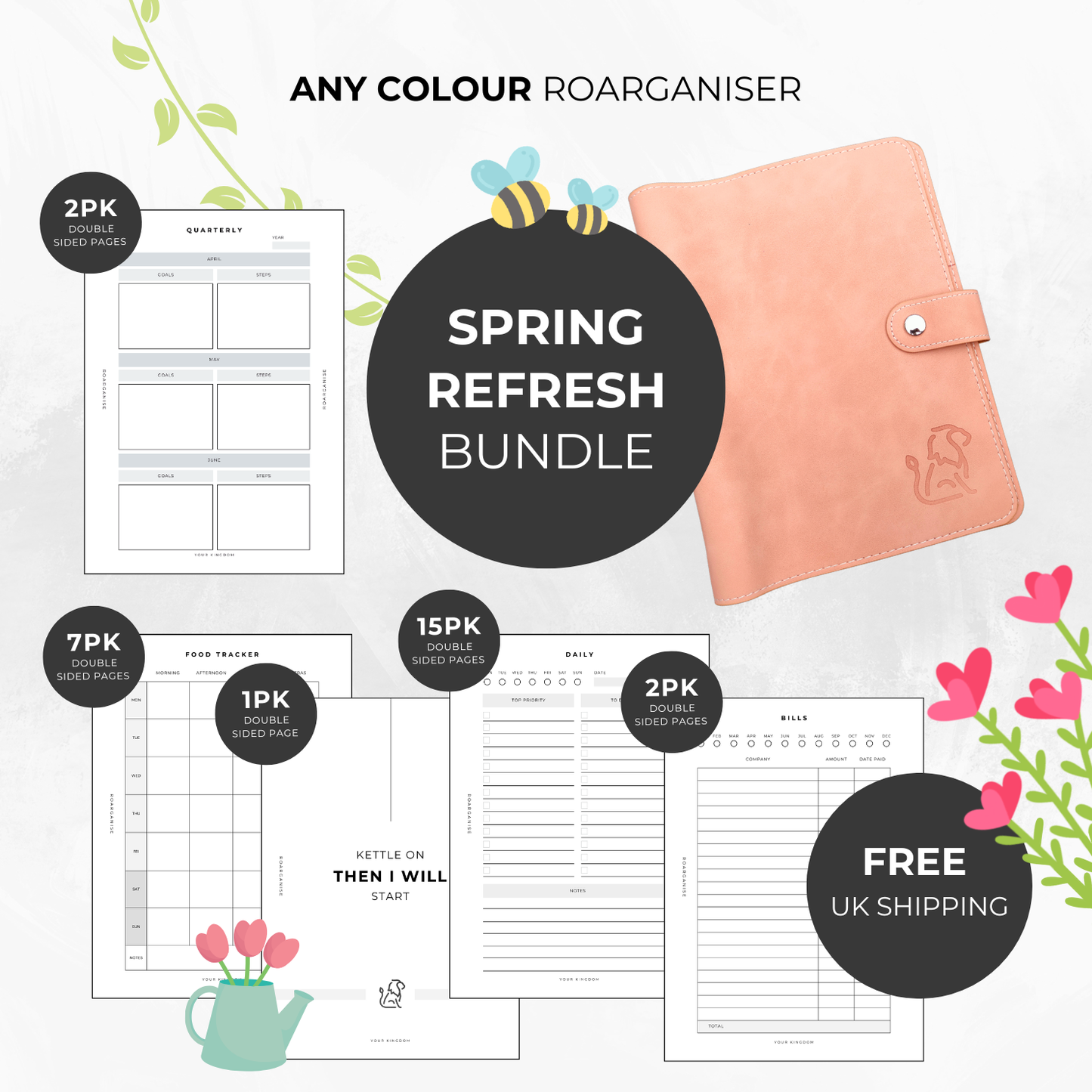 Peachy pink Roarganiser binder shown with the full Spring Refresh bundle of daily, weekly, and monthly trackers.