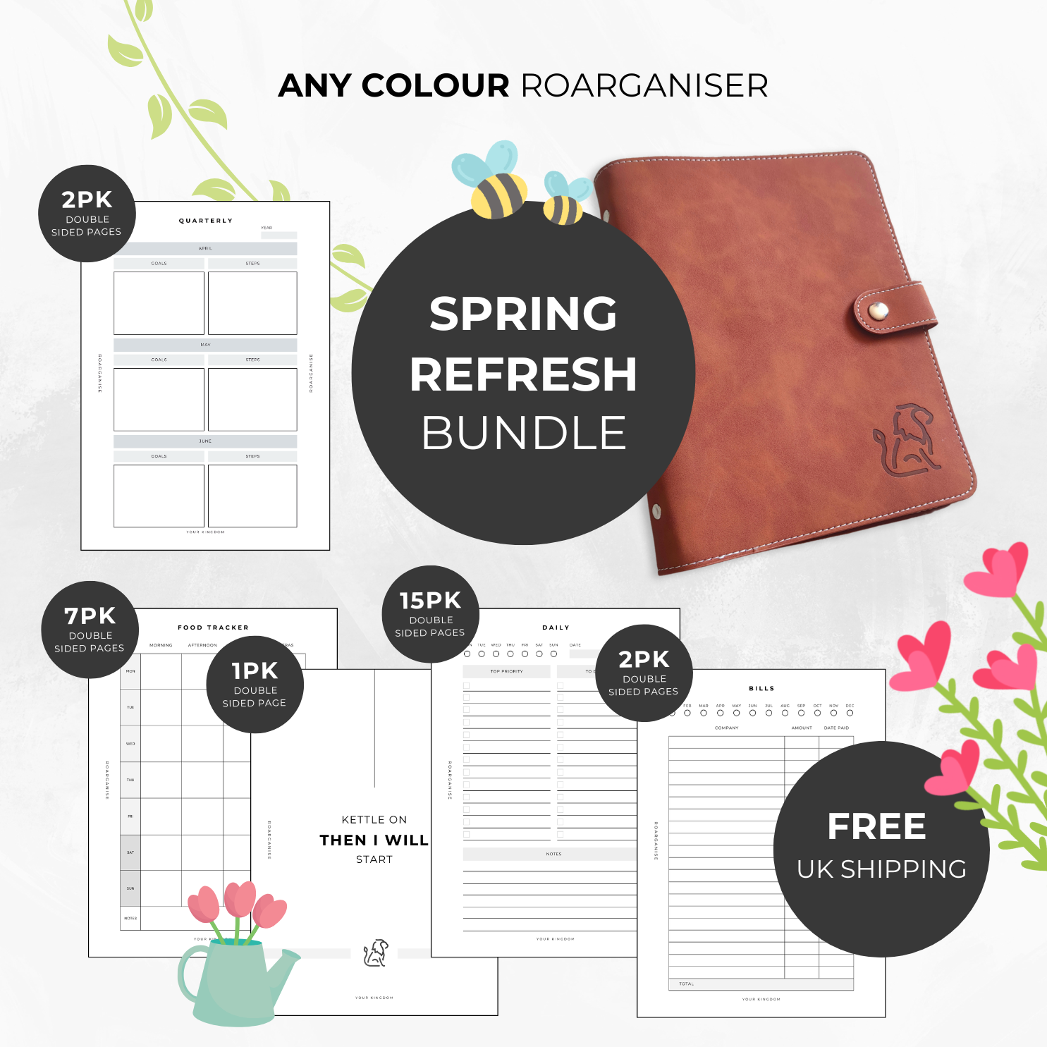 Tan Brown Roarganiser binder with a spring-themed bundle of quarterly, food tracker, and daily planning pages.