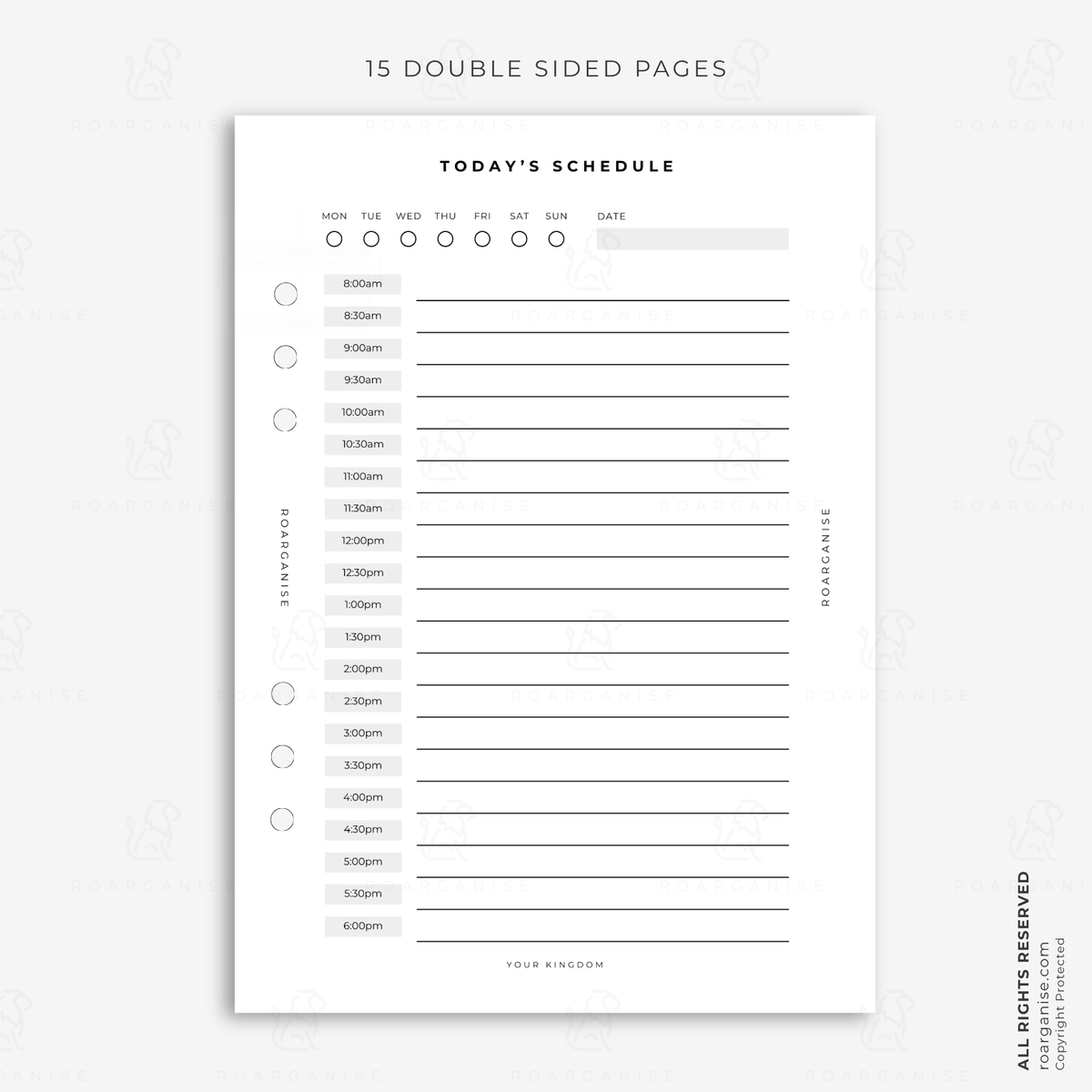 A5 daily schedule planner insert with half-hour time slots from morning to evening for appointments, routines, tasks and time management