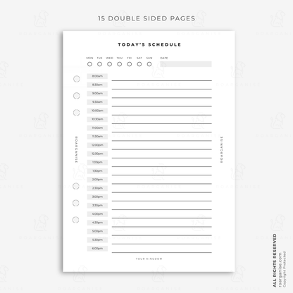 A5 daily schedule planner insert with half-hour time slots from morning to evening for appointments, routines, tasks and time management
