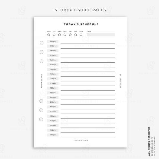 A5 daily schedule planner insert with half-hour time slots from morning to evening for appointments, routines, tasks and time management
