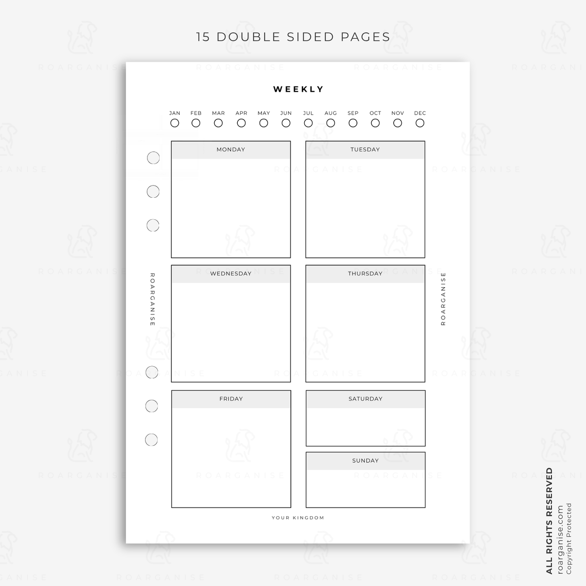 A5 weekly planner insert with dedicated spaces for Monday to Sunday, designed for weekly planning, routines, appointments and everyday organisation