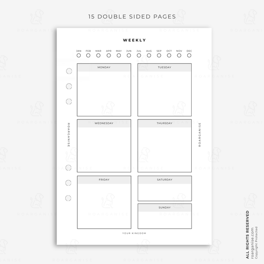 A5 weekly planner insert with dedicated spaces for Monday to Sunday, designed for weekly planning, routines, appointments and everyday organisation