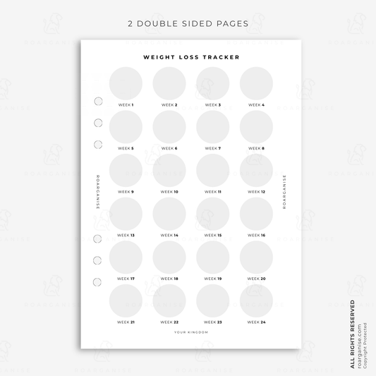 A5 weight loss tracker planner insert with 24 weekly progress sections for monitoring a weight loss journey, goals and wellness progress