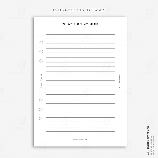 A5 brain dump planner insert with lined space for writing down thoughts, ideas, worries and tasks, designed to help clear your mind and reduce overwhelm