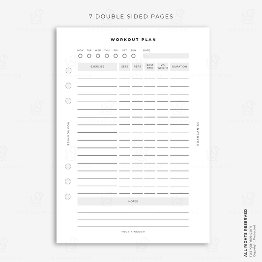 A5 workout planner insert for recording exercises, sets, reps, rest time, weight and duration, designed for fitness planning and tracking progress