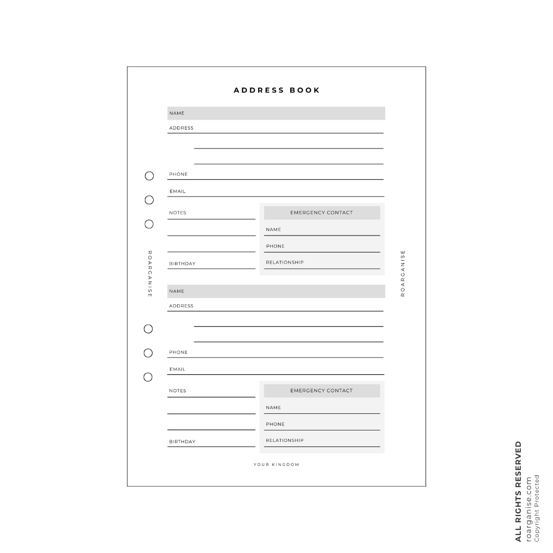 A5 double-sided address book inserts pack of 15 with emergency contact section and space for 60 contact records