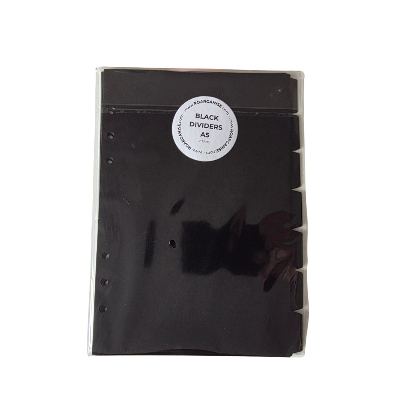 A5 black sealed photo shot of black dividers 7 tabs made of plastic.
