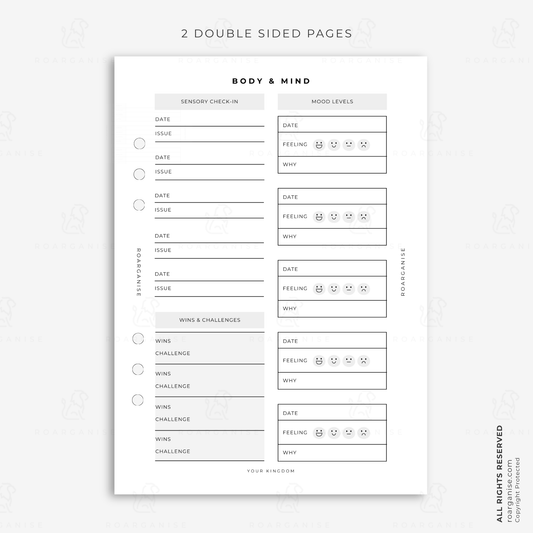 A5 body and mind wellness planner insert with sensory check-in, mood tracking, wins and challenges for monitoring wellbeing and daily self-care