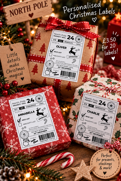 Three Christmas gift boxes wrapped in brown kraft paper, red patterned paper, and holly-patterned paper, each with a personalized North Pole travel-style ticket label. The scene is decorated with warm string lights, pine branches, and candy canes, with text overlays describing the personalized labels and pricing.
