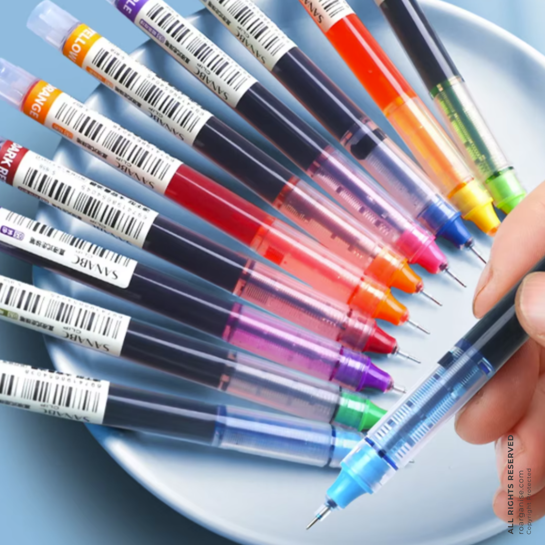 Pack of 10 smooth writing rainbow gel pens with fine rollerball tips for school, office and stationery lovers.