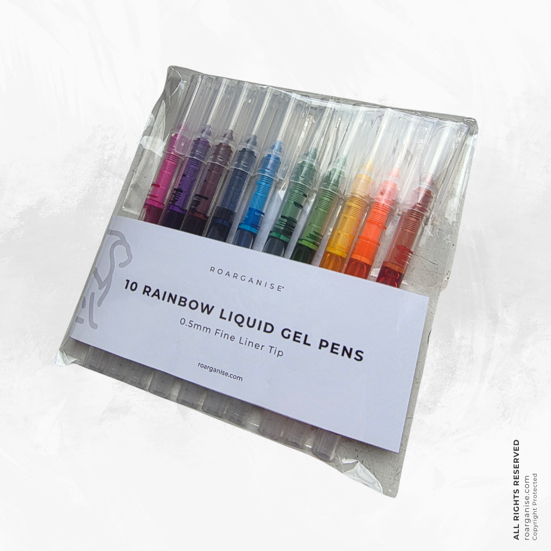 A set of 10 Boarcanise rainbow liquid gel pens in a clear plastic clamshell package with a white paper label, photographed on a light gray background.