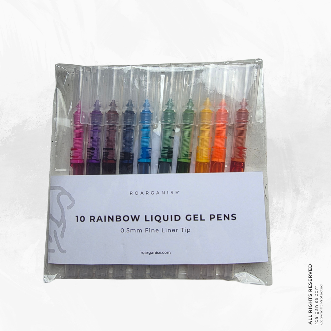 10 rainbow liquid gel pens with 0.5mm fine tips in assorted colours for planners, journals and everyday writing.