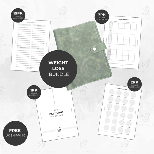 Seaweed Green: Marketing graphic for the Weight Loss Bundle featuring a sage green leather-style binder.