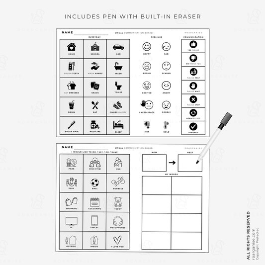 Roarganise wipeable communication sheet for reusable visual communication, supporting everyday needs at home, school and in care settings.