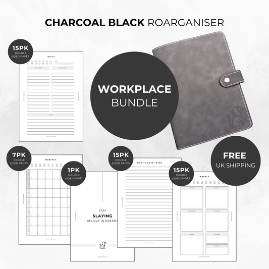 Charcoal Black

Roarganise Workplace Bundle planner in Charcoal Black, A5 workplace planner for organising tasks, meetings, notes and schedules, best autism planner UK, best ADHD planner UK, neurodivergent planners, award-winning autistic-owned UK business, 5-star Google-rated.